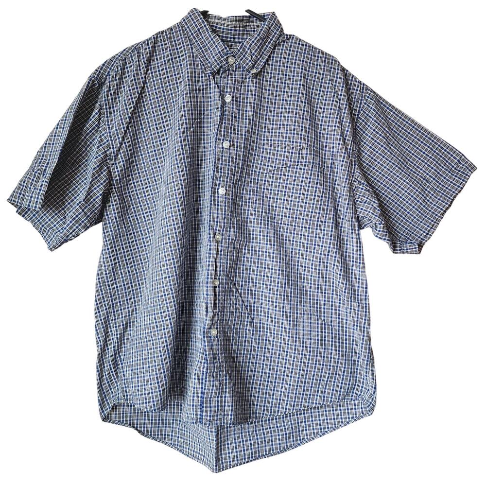 Arizona Jeans Co Shirt Mens Size Large Short Sleeve Button Up Down Plaid Blue